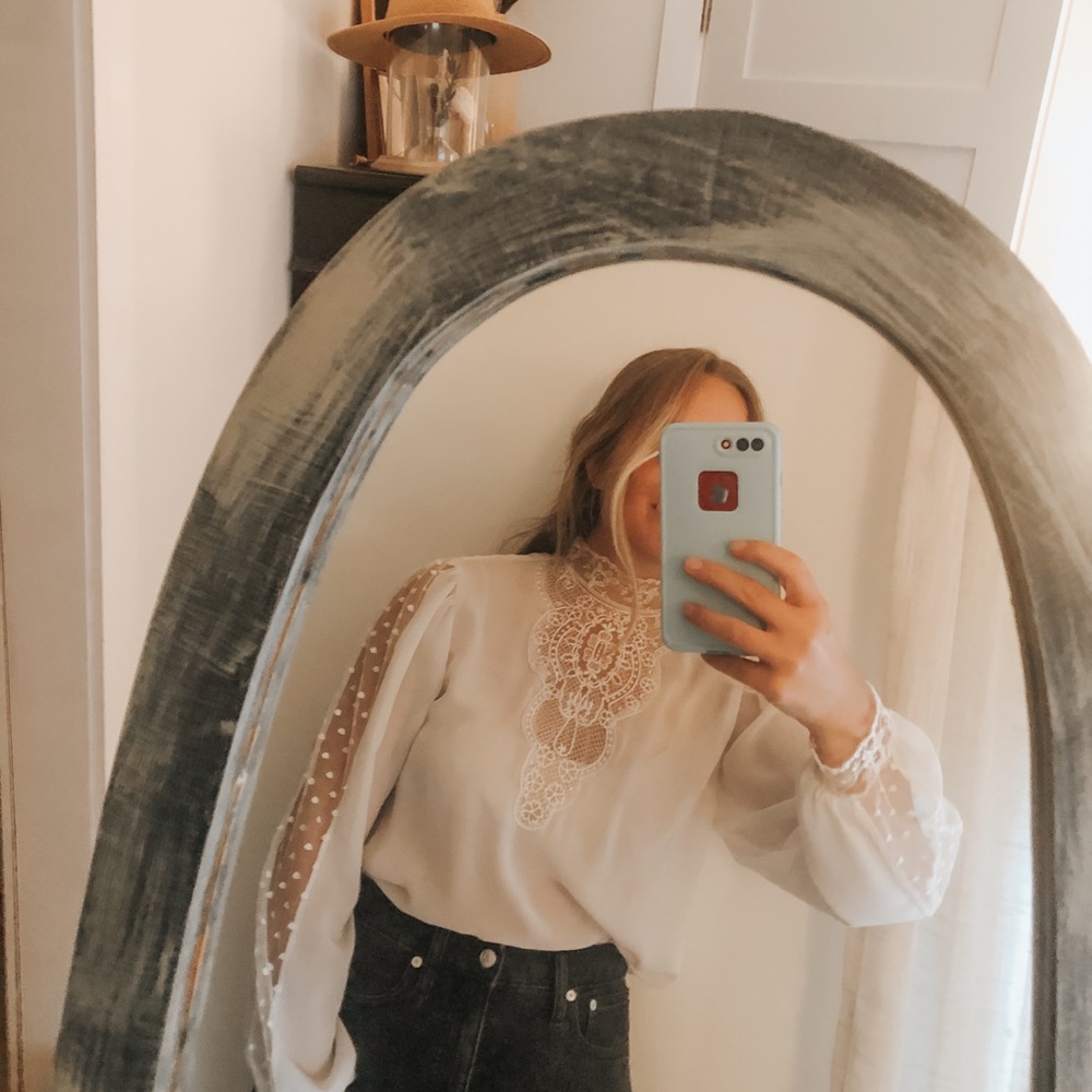 Authentic Vintage Beautiful Lace mesh blouse, high neck, swiss dot insets, Doen - Picture 3 of 15